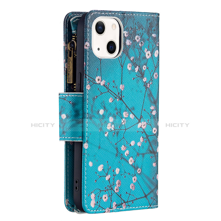 Coque Portefeuille Fleurs Livre Cuir Etui Clapet L03 pour Apple iPhone 13 Cyan Plus