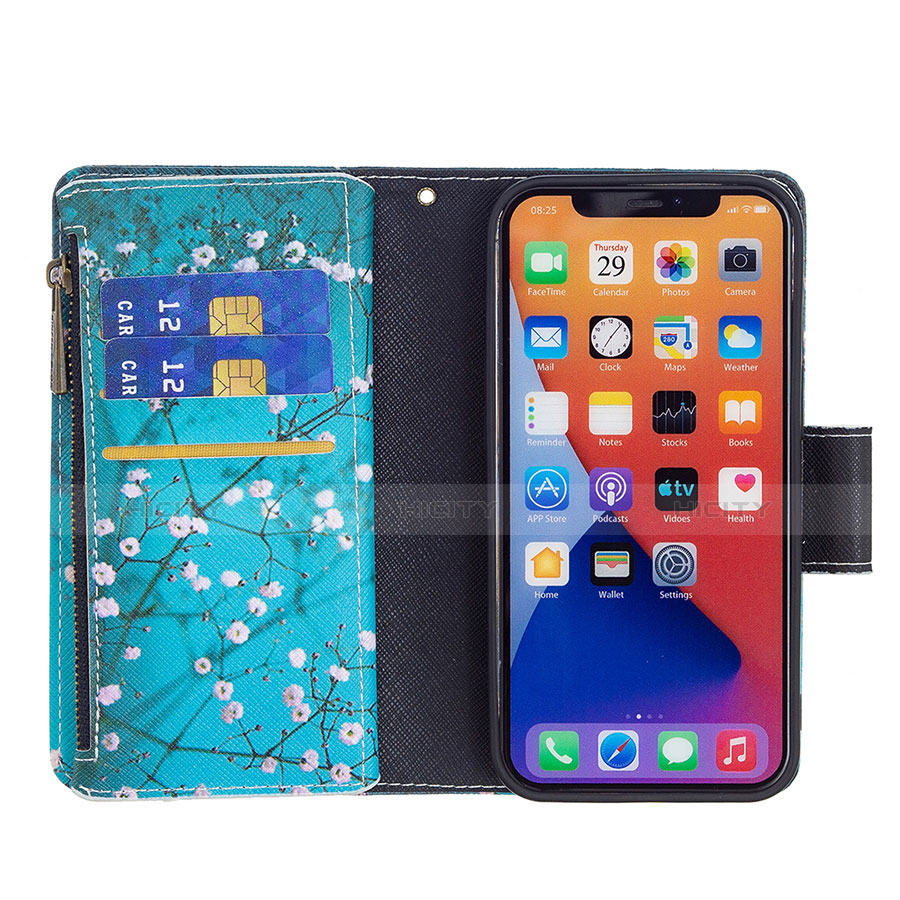 Coque Portefeuille Fleurs Livre Cuir Etui Clapet L03 pour Apple iPhone 13 Cyan Plus