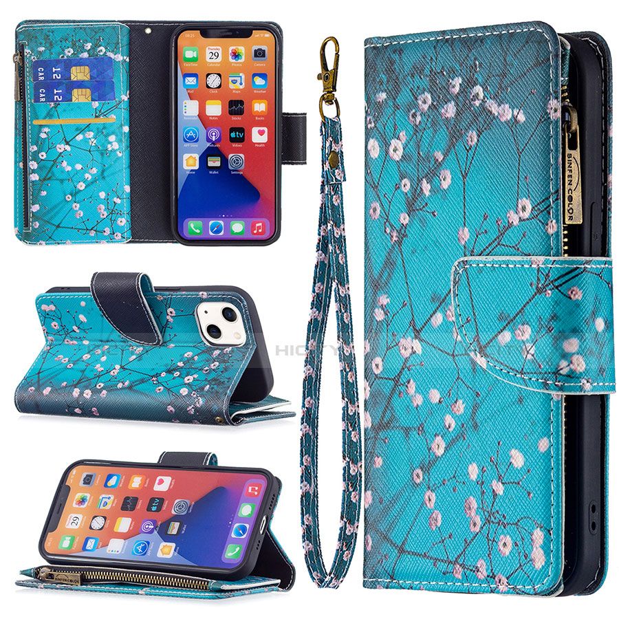 Coque Portefeuille Fleurs Livre Cuir Etui Clapet L03 pour Apple iPhone 13 Mini Cyan Plus