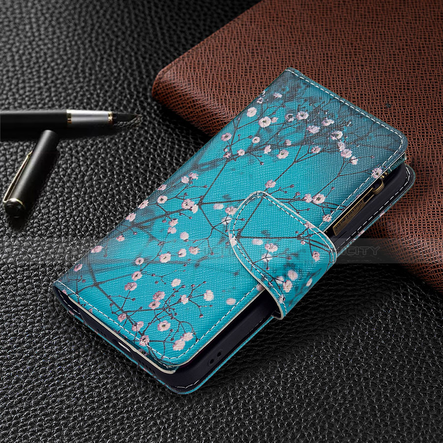 Coque Portefeuille Fleurs Livre Cuir Etui Clapet L03 pour Apple iPhone 13 Mini Cyan Plus