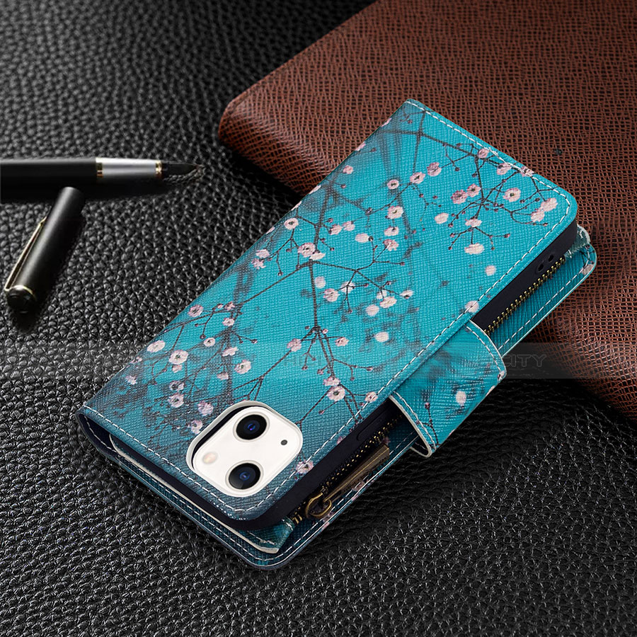 Coque Portefeuille Fleurs Livre Cuir Etui Clapet L03 pour Apple iPhone 13 Mini Cyan Plus