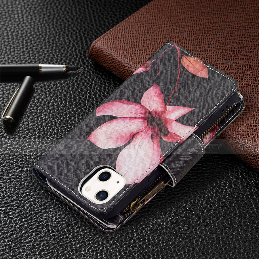 Coque Portefeuille Fleurs Livre Cuir Etui Clapet L03 pour Apple iPhone 14 Marron Plus