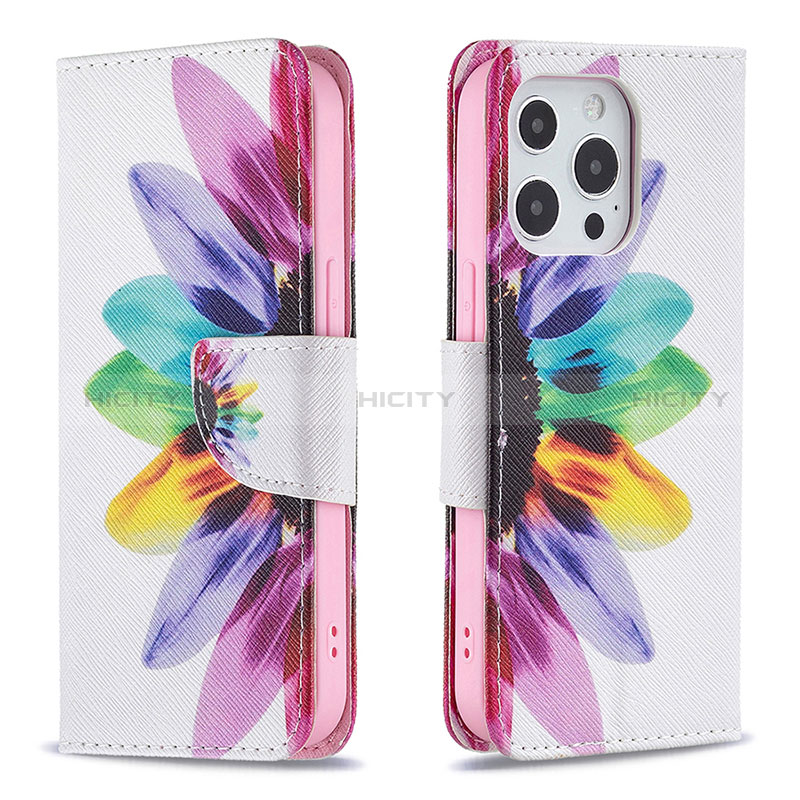 Coque Portefeuille Fleurs Livre Cuir Etui Clapet L03 pour Apple iPhone 14 Pro Max Rose Plus