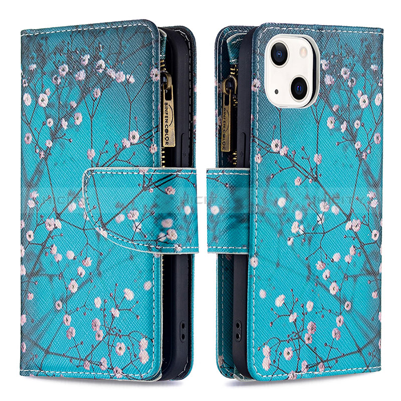 Coque Portefeuille Fleurs Livre Cuir Etui Clapet L03 pour Apple iPhone 15 Cyan Plus