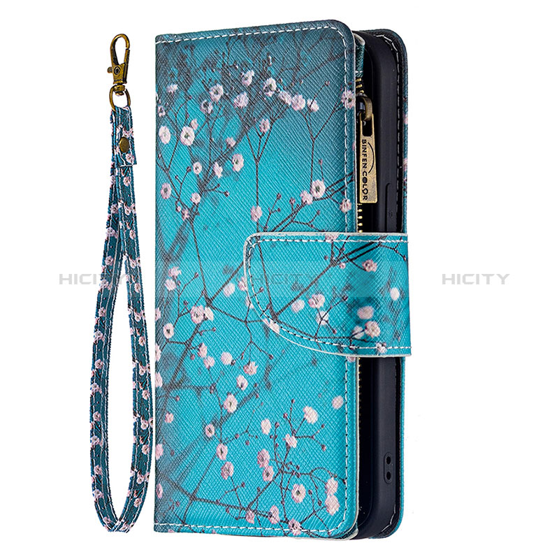 Coque Portefeuille Fleurs Livre Cuir Etui Clapet L03 pour Apple iPhone 15 Cyan Plus