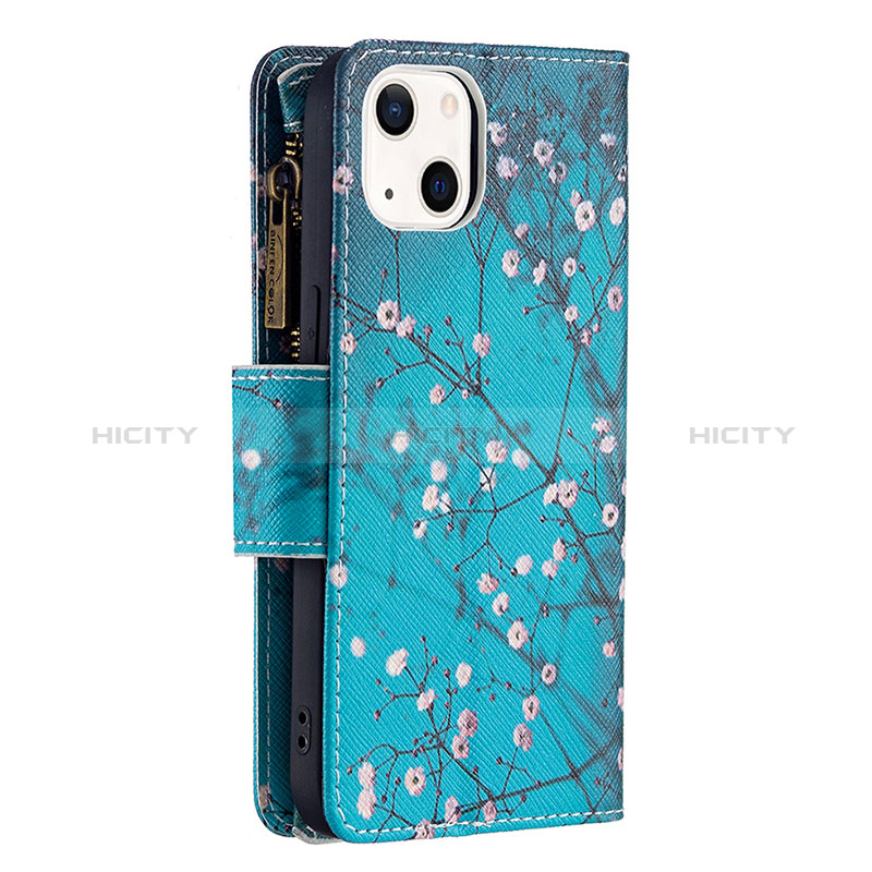 Coque Portefeuille Fleurs Livre Cuir Etui Clapet L03 pour Apple iPhone 15 Cyan Plus