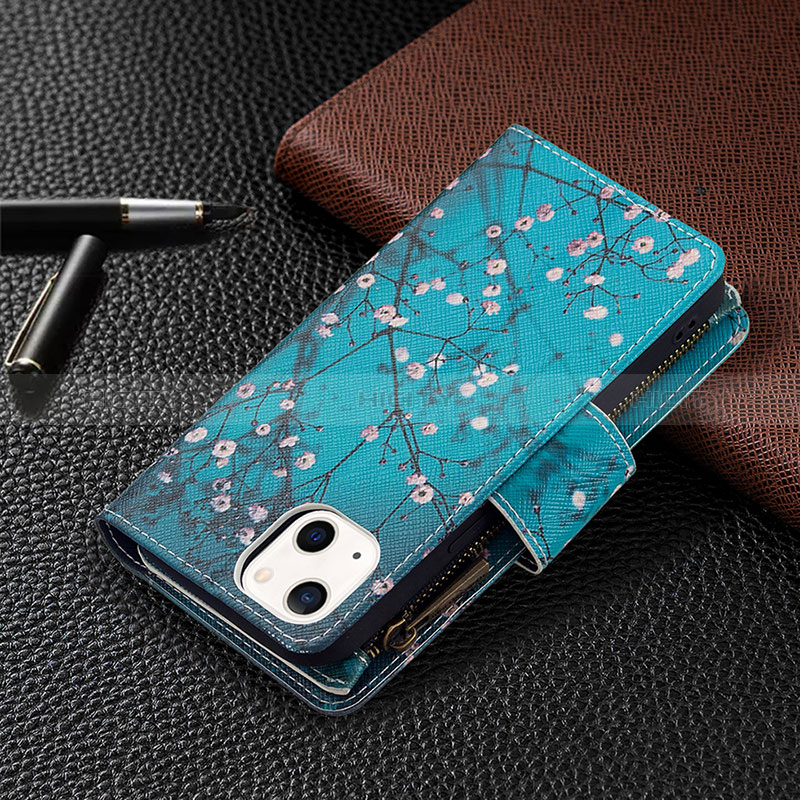 Coque Portefeuille Fleurs Livre Cuir Etui Clapet L03 pour Apple iPhone 15 Cyan Plus