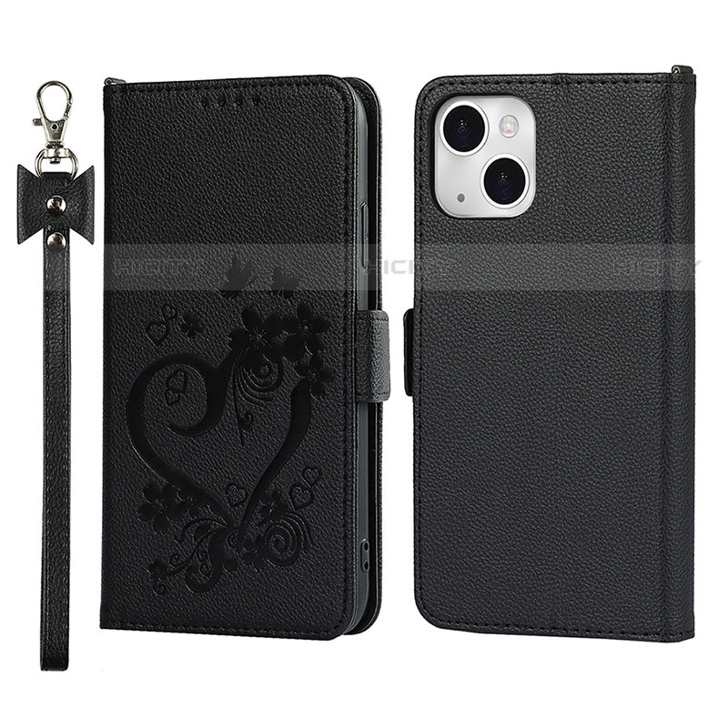 Coque Portefeuille Fleurs Livre Cuir Etui Clapet L16 pour Apple iPhone 13 Mini Noir Plus