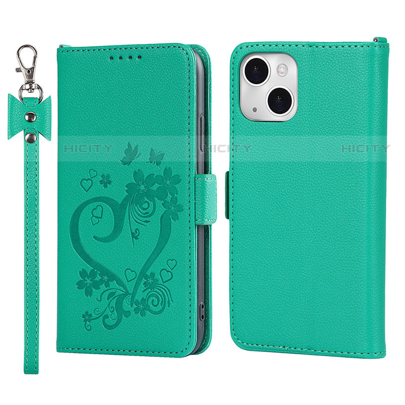 Coque Portefeuille Fleurs Livre Cuir Etui Clapet L16 pour Apple iPhone 13 Mini Vert Plus