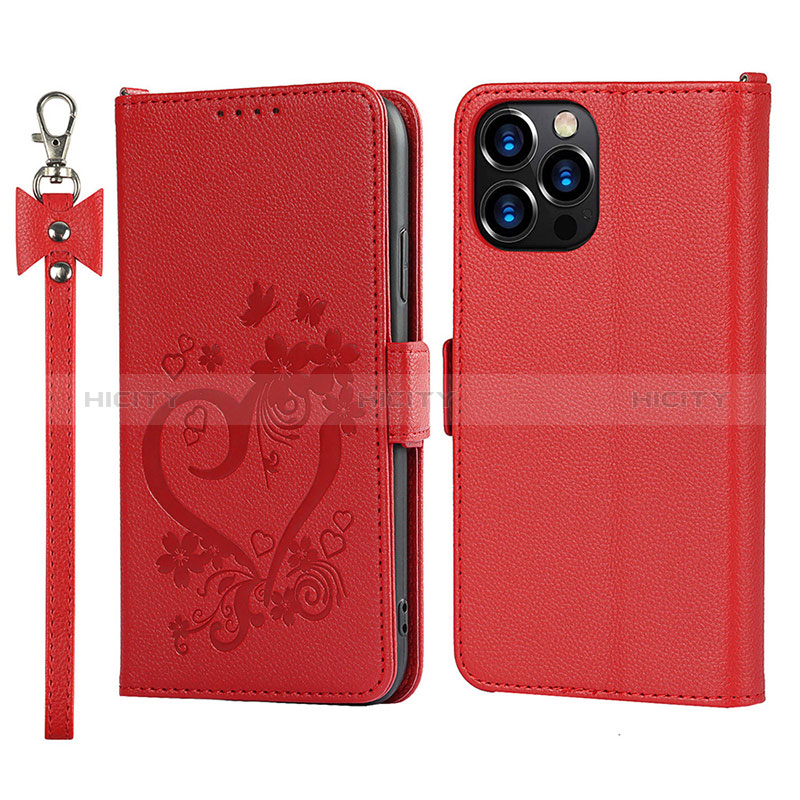 Coque Portefeuille Fleurs Livre Cuir Etui Clapet L16 pour Apple iPhone 14 Pro Max Rouge Plus