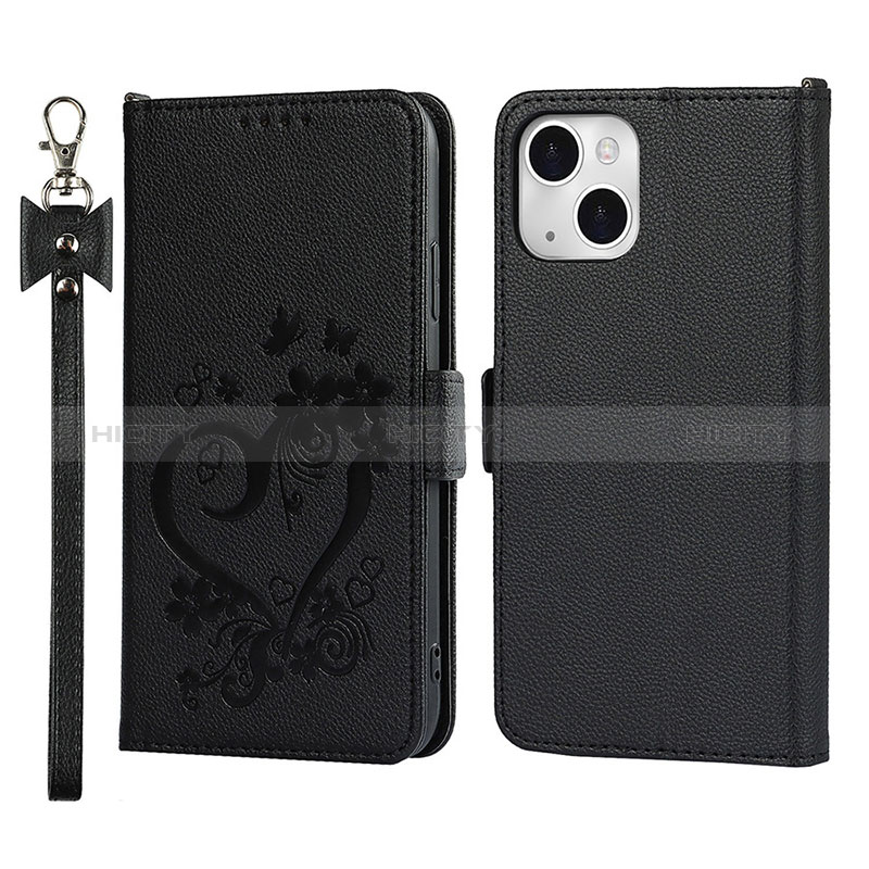 Coque Portefeuille Fleurs Livre Cuir Etui Clapet L16 pour Apple iPhone 15 Noir Plus