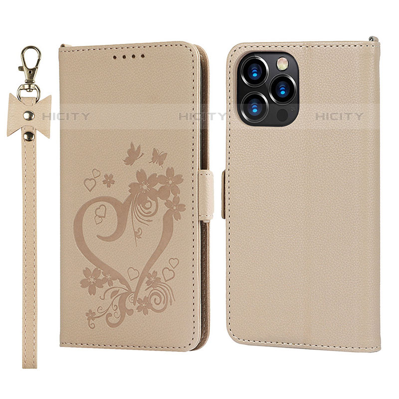 Coque Portefeuille Fleurs Livre Cuir Etui Clapet L16 pour Apple iPhone 15 Pro Or Plus