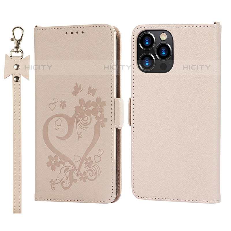 Coque Portefeuille Fleurs Livre Cuir Etui Clapet L16 pour Apple iPhone 15 Pro Or Rose Plus