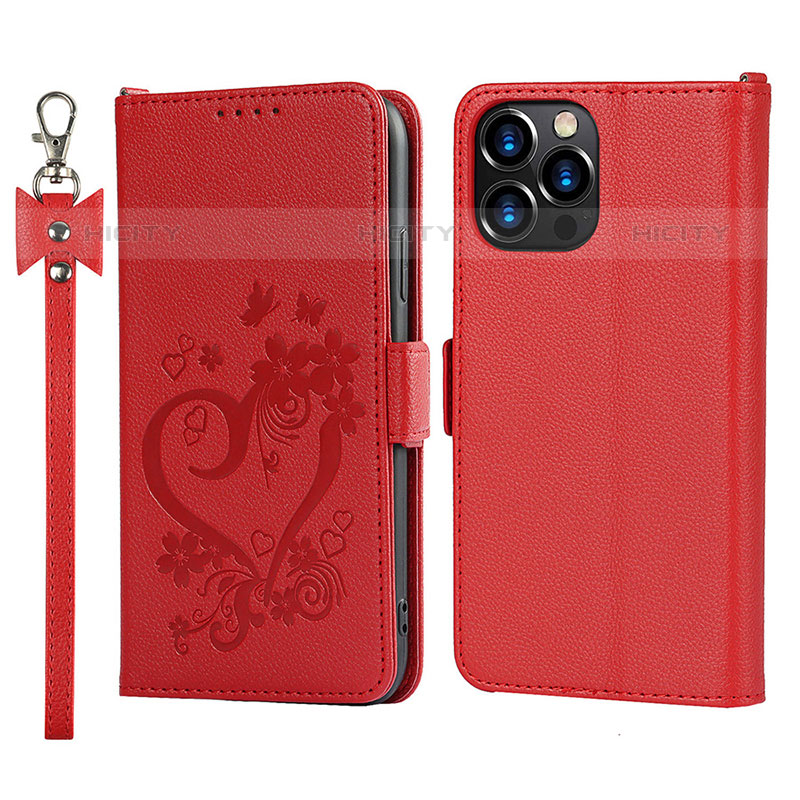 Coque Portefeuille Fleurs Livre Cuir Etui Clapet L16 pour Apple iPhone 15 Pro Rouge Plus