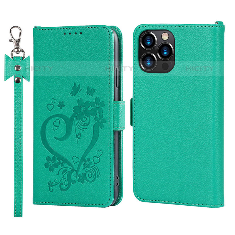 Coque Portefeuille Fleurs Livre Cuir Etui Clapet L16 pour Apple iPhone 15 Pro Vert Plus