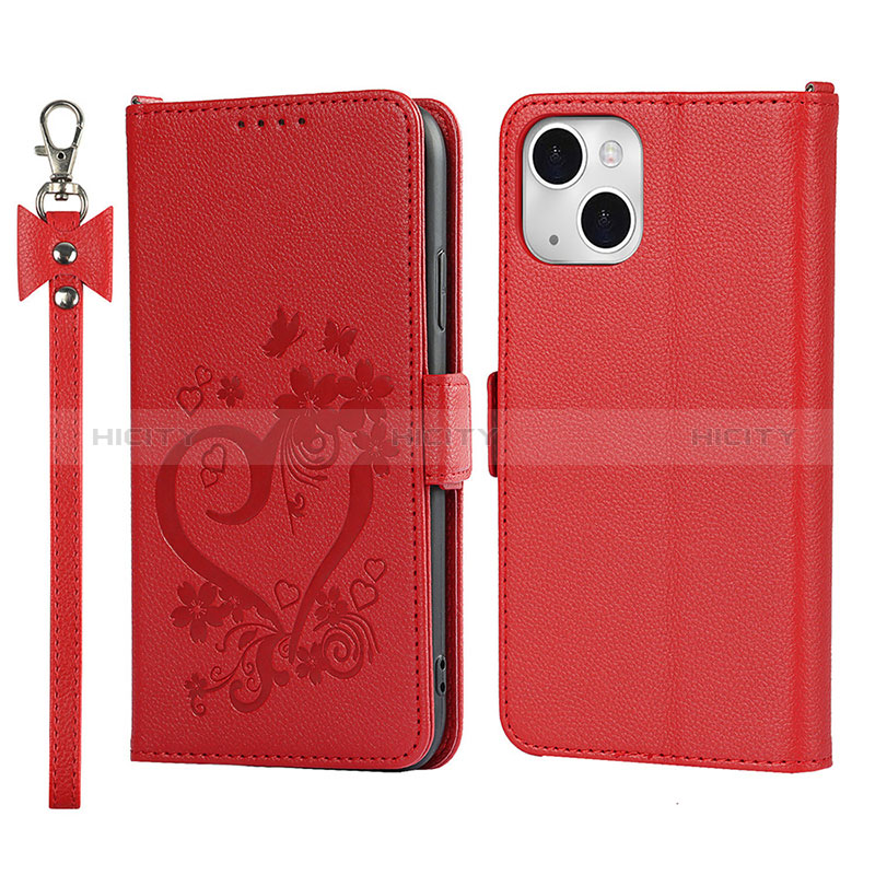 Coque Portefeuille Fleurs Livre Cuir Etui Clapet L16 pour Apple iPhone 15 Rouge Plus