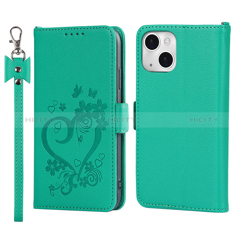 Coque Portefeuille Fleurs Livre Cuir Etui Clapet L16 pour Apple iPhone 15 Vert Plus