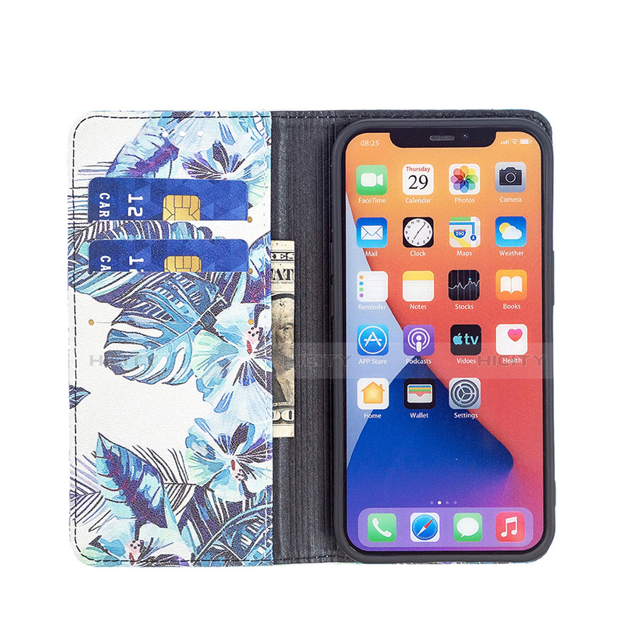 Coque Portefeuille Fleurs Livre Cuir Etui Clapet pour Apple iPhone 13 Mini Bleu Plus