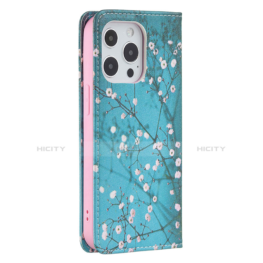 Coque Portefeuille Fleurs Livre Cuir Etui Clapet pour Apple iPhone 13 Pro Bleu Ciel Plus