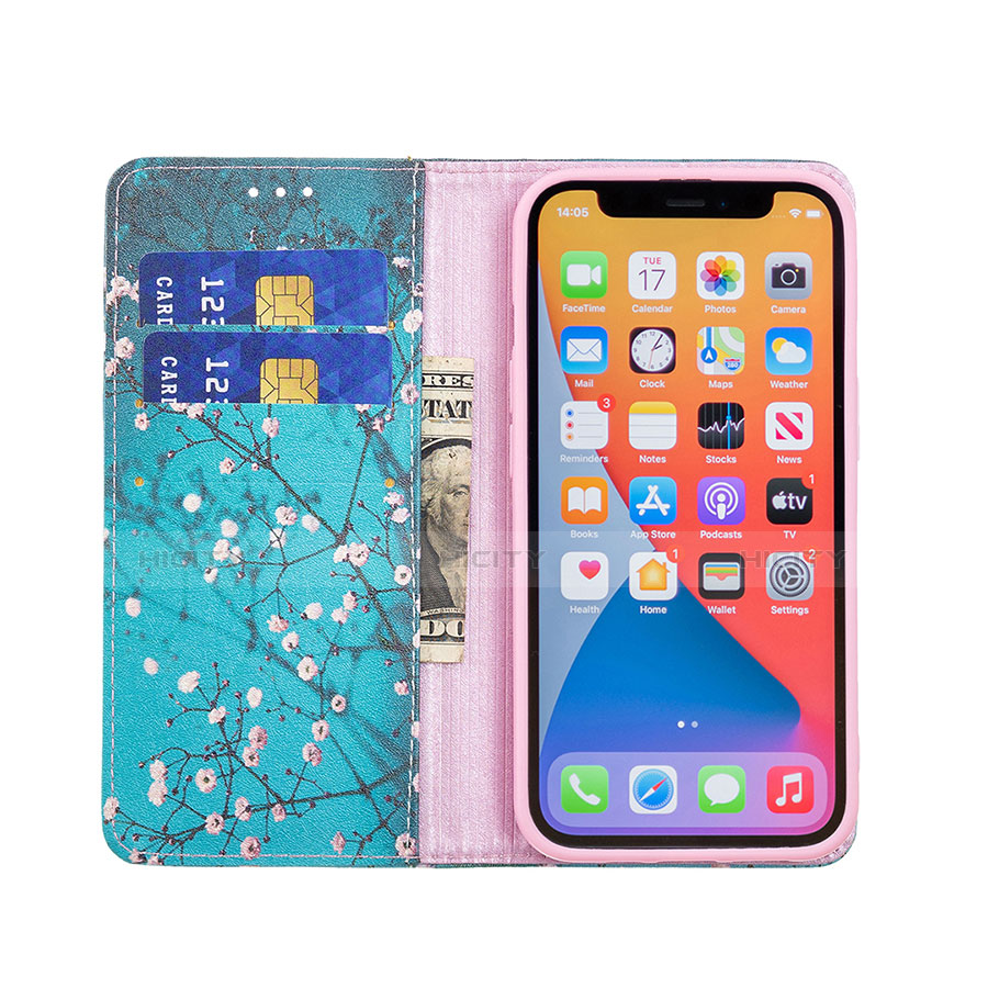 Coque Portefeuille Fleurs Livre Cuir Etui Clapet pour Apple iPhone 13 Pro Bleu Ciel Plus