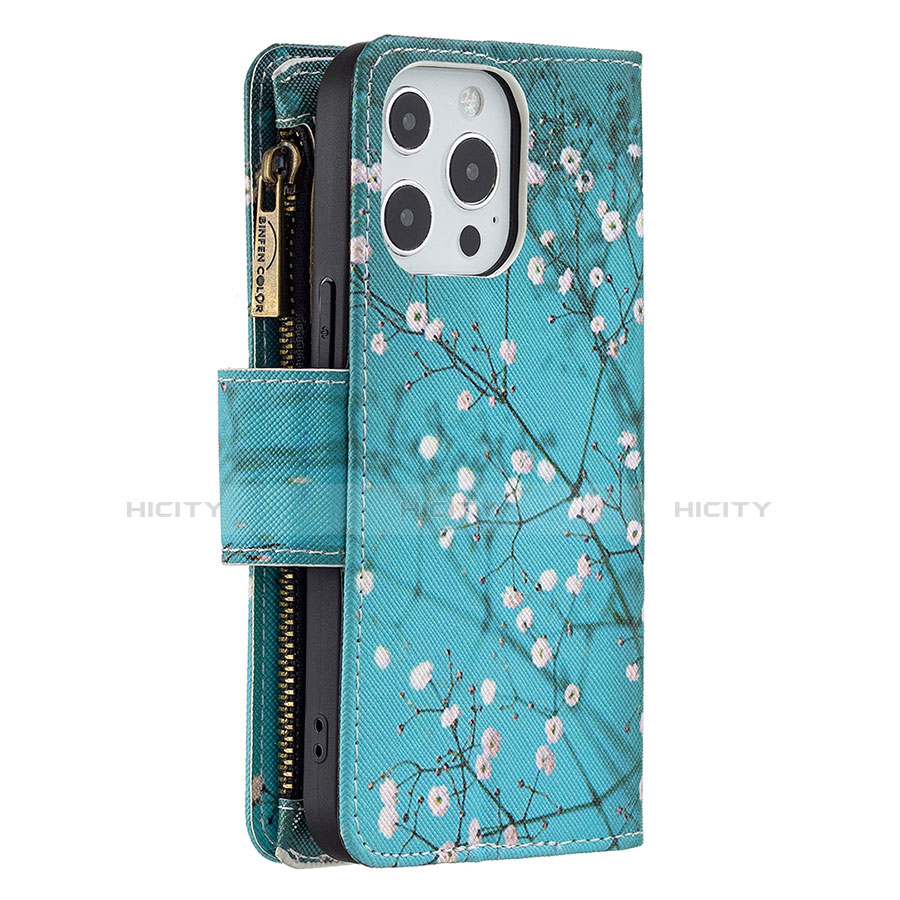 Coque Portefeuille Fleurs Livre Cuir Etui Clapet pour Apple iPhone 13 Pro Cyan Plus