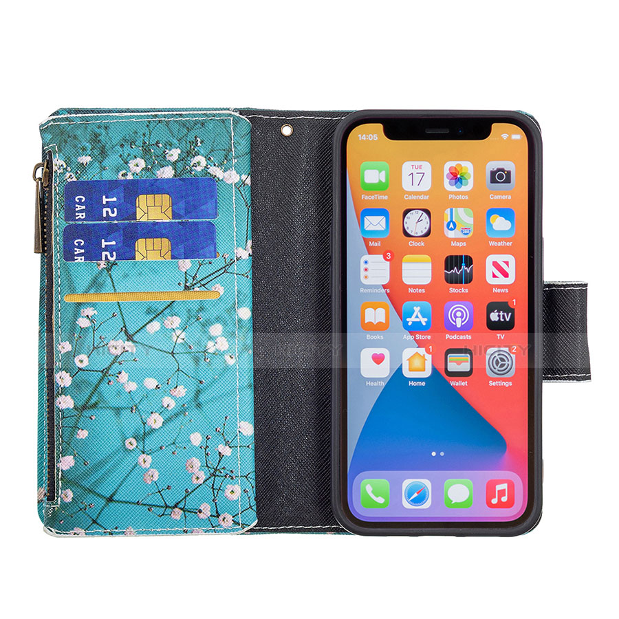 Coque Portefeuille Fleurs Livre Cuir Etui Clapet pour Apple iPhone 13 Pro Cyan Plus