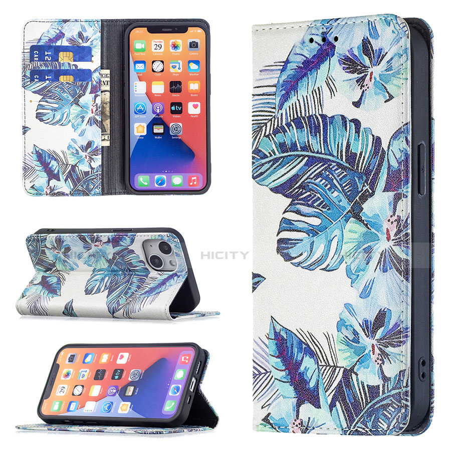 Coque Portefeuille Fleurs Livre Cuir Etui Clapet pour Apple iPhone 14 Plus Bleu Plus