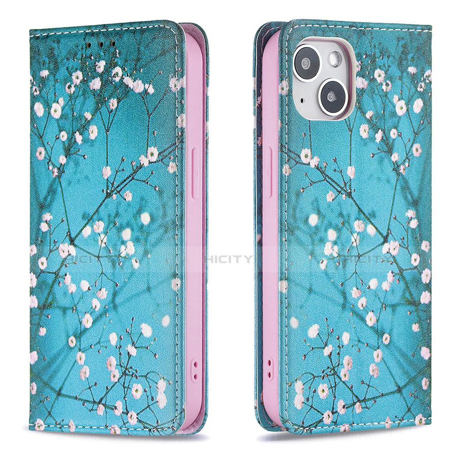 Coque Portefeuille Fleurs Livre Cuir Etui Clapet pour Apple iPhone 14 Plus Cyan Plus