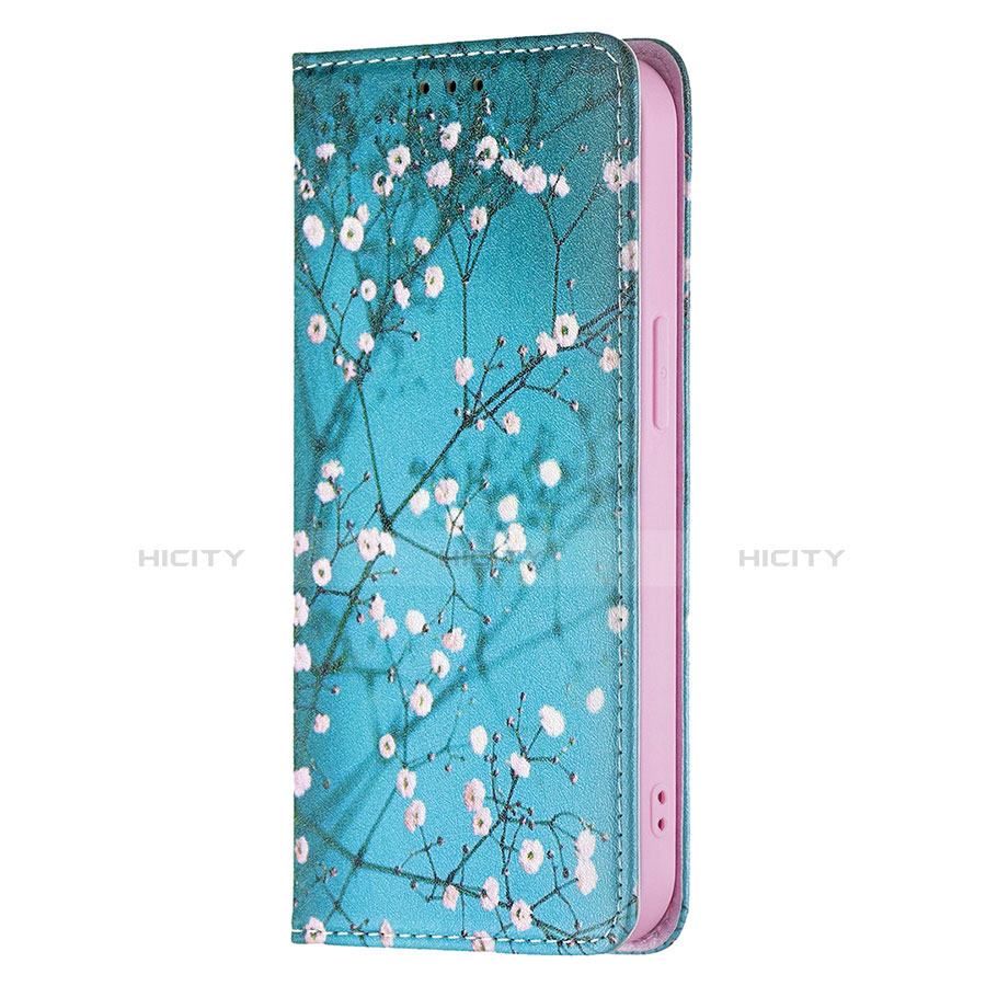 Coque Portefeuille Fleurs Livre Cuir Etui Clapet pour Apple iPhone 14 Plus Cyan Plus