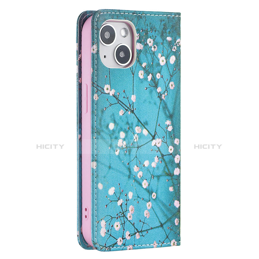 Coque Portefeuille Fleurs Livre Cuir Etui Clapet pour Apple iPhone 14 Plus Cyan Plus