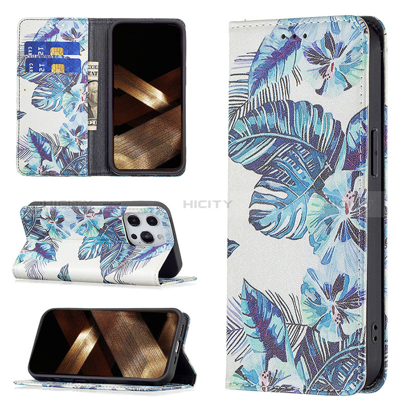 Coque Portefeuille Fleurs Livre Cuir Etui Clapet pour Apple iPhone 14 Pro Bleu Plus