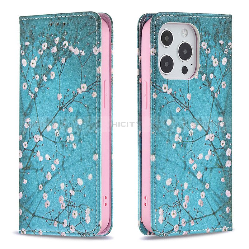 Coque Portefeuille Fleurs Livre Cuir Etui Clapet pour Apple iPhone 14 Pro Bleu Ciel Plus