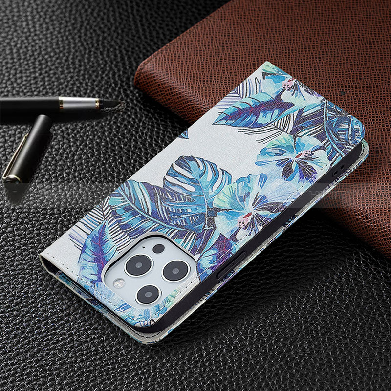 Coque Portefeuille Fleurs Livre Cuir Etui Clapet pour Apple iPhone 14 Pro Max Bleu Plus