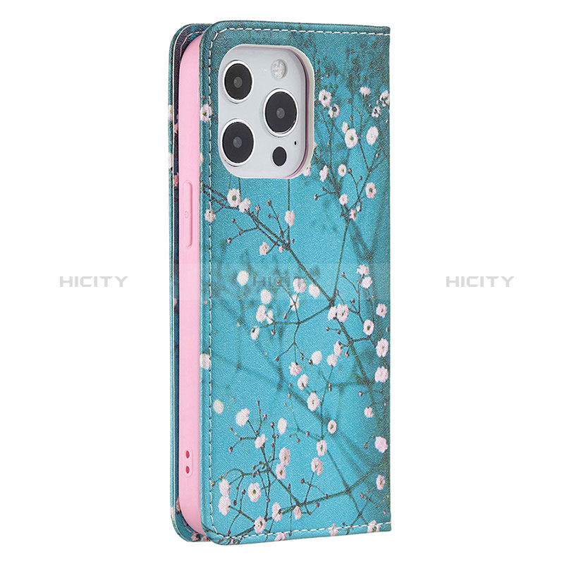 Coque Portefeuille Fleurs Livre Cuir Etui Clapet pour Apple iPhone 14 Pro Max Bleu Ciel Plus