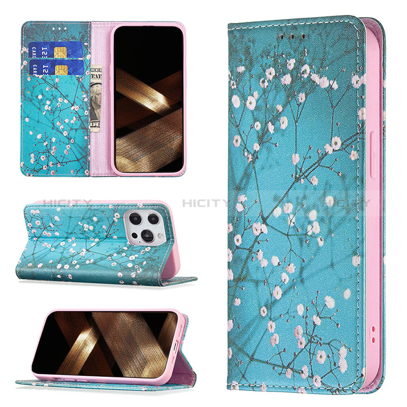 Coque Portefeuille Fleurs Livre Cuir Etui Clapet pour Apple iPhone 14 Pro Max Bleu Ciel Plus