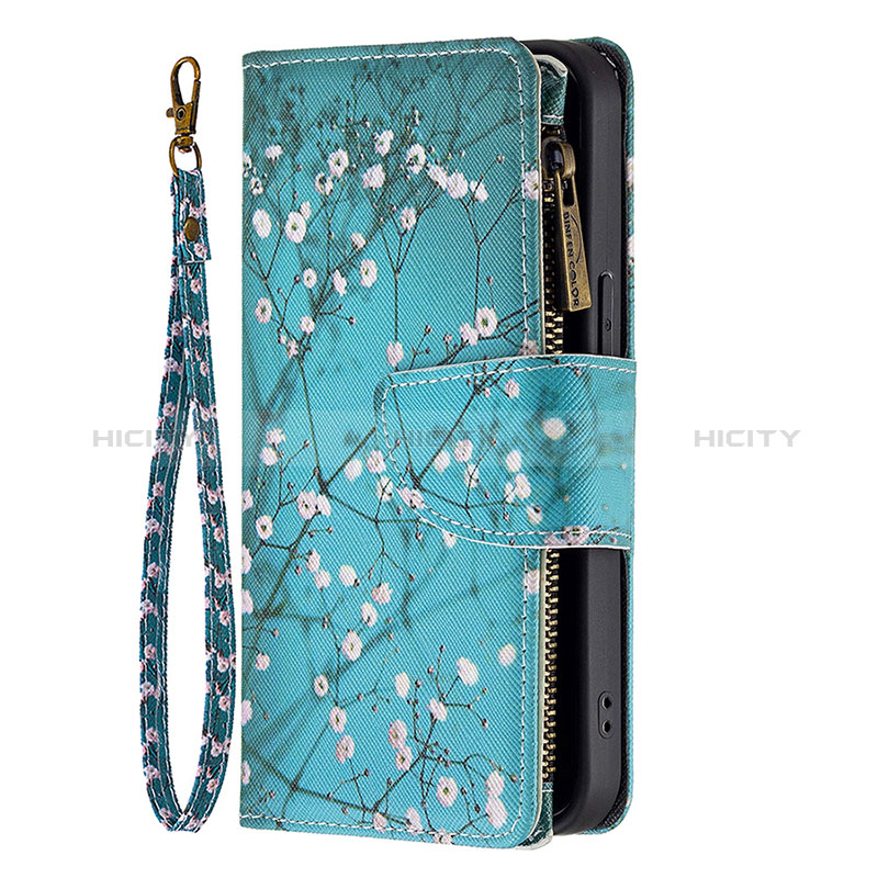 Coque Portefeuille Fleurs Livre Cuir Etui Clapet pour Apple iPhone 14 Pro Max Cyan Plus