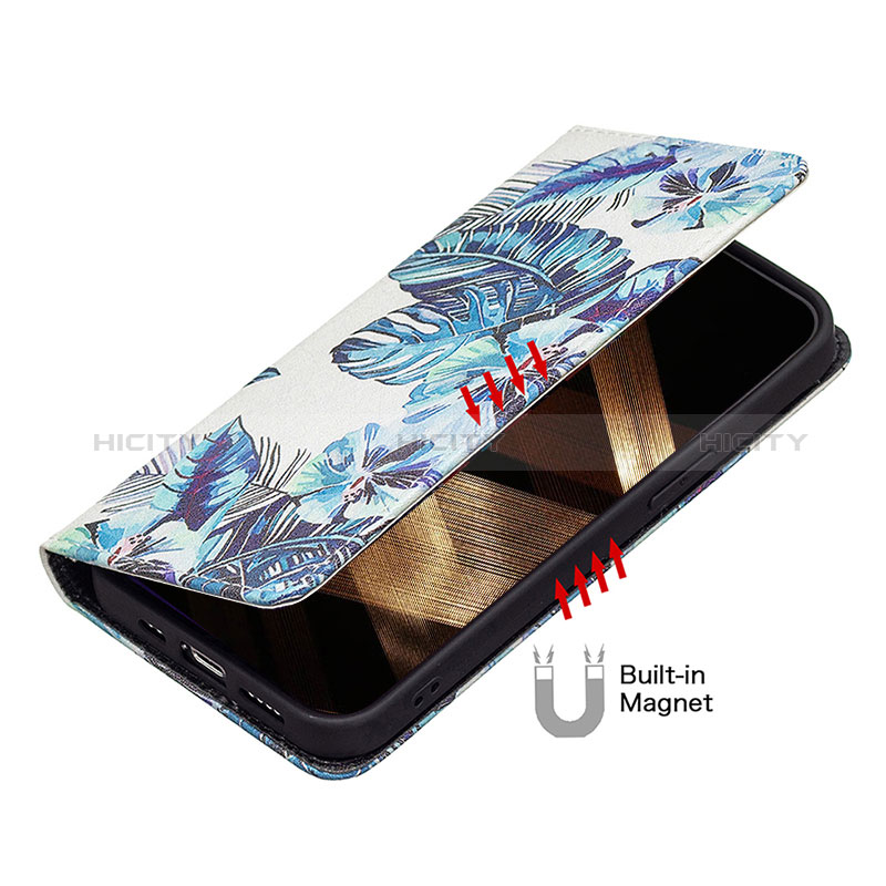 Coque Portefeuille Fleurs Livre Cuir Etui Clapet pour Apple iPhone 15 Plus Bleu Plus