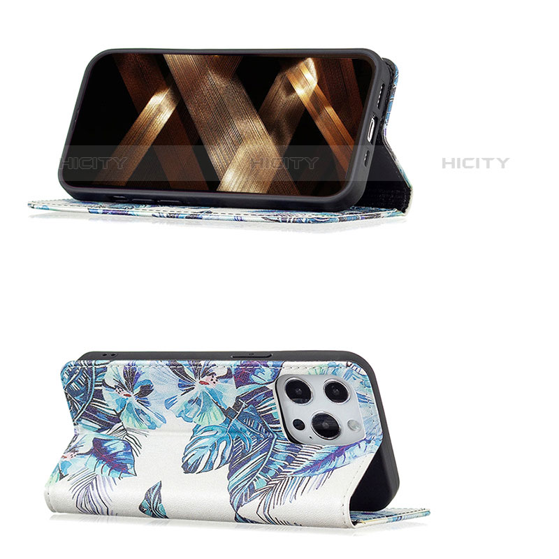 Coque Portefeuille Fleurs Livre Cuir Etui Clapet pour Apple iPhone 15 Pro Max Bleu Plus