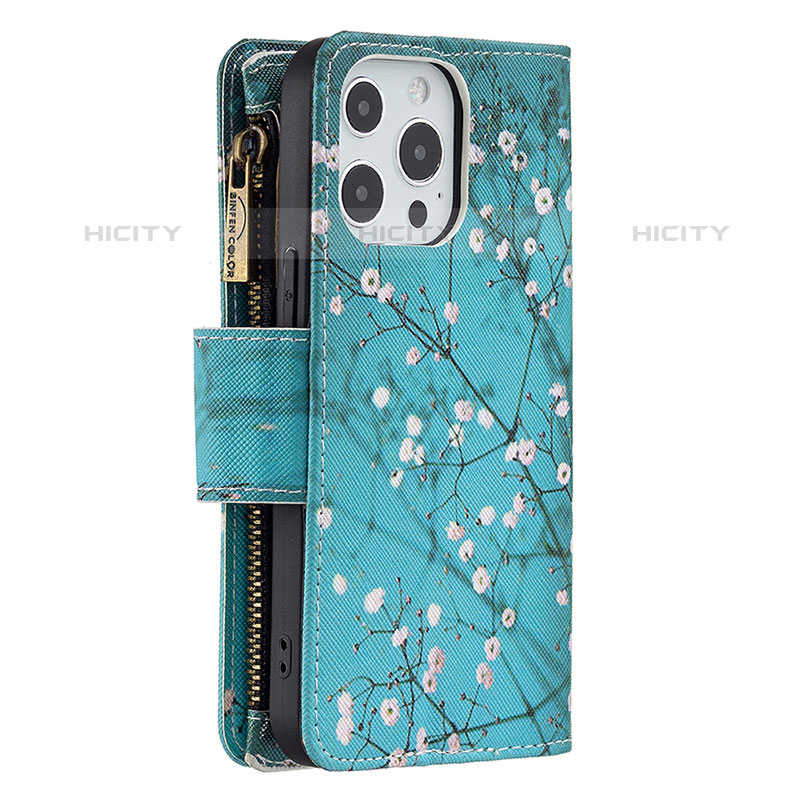 Coque Portefeuille Fleurs Livre Cuir Etui Clapet pour Apple iPhone 15 Pro Max Cyan Plus