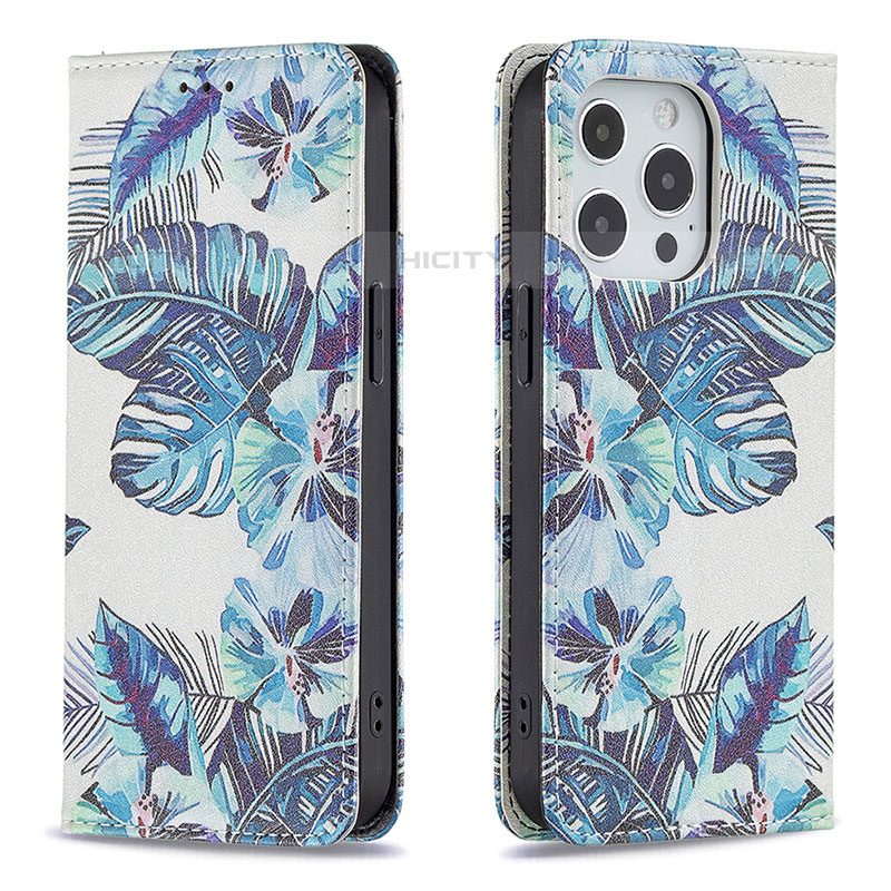 Coque Portefeuille Fleurs Livre Cuir Etui Clapet pour Apple iPhone 16 Pro Max Bleu Plus