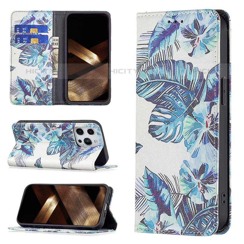 Coque Portefeuille Fleurs Livre Cuir Etui Clapet pour Apple iPhone 16 Pro Max Bleu Plus