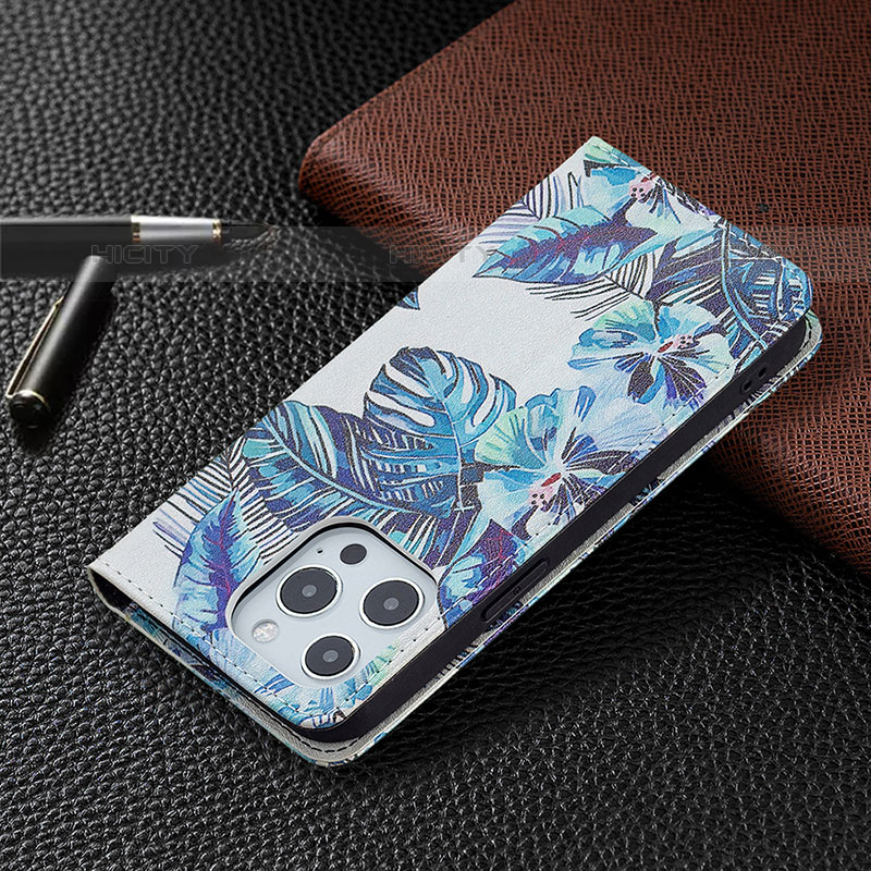 Coque Portefeuille Fleurs Livre Cuir Etui Clapet pour Apple iPhone 16 Pro Max Bleu Plus