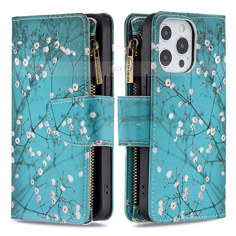 Coque Portefeuille Fleurs Livre Cuir Etui Clapet pour Apple iPhone 16 Pro Max Cyan Plus