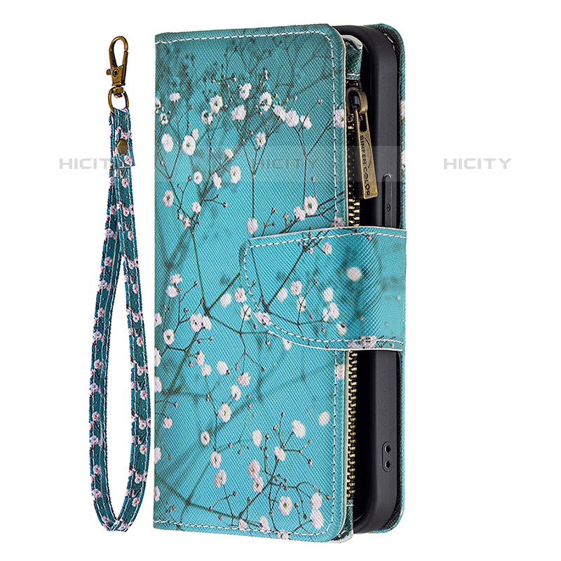 Coque Portefeuille Fleurs Livre Cuir Etui Clapet pour Apple iPhone 16 Pro Max Cyan Plus