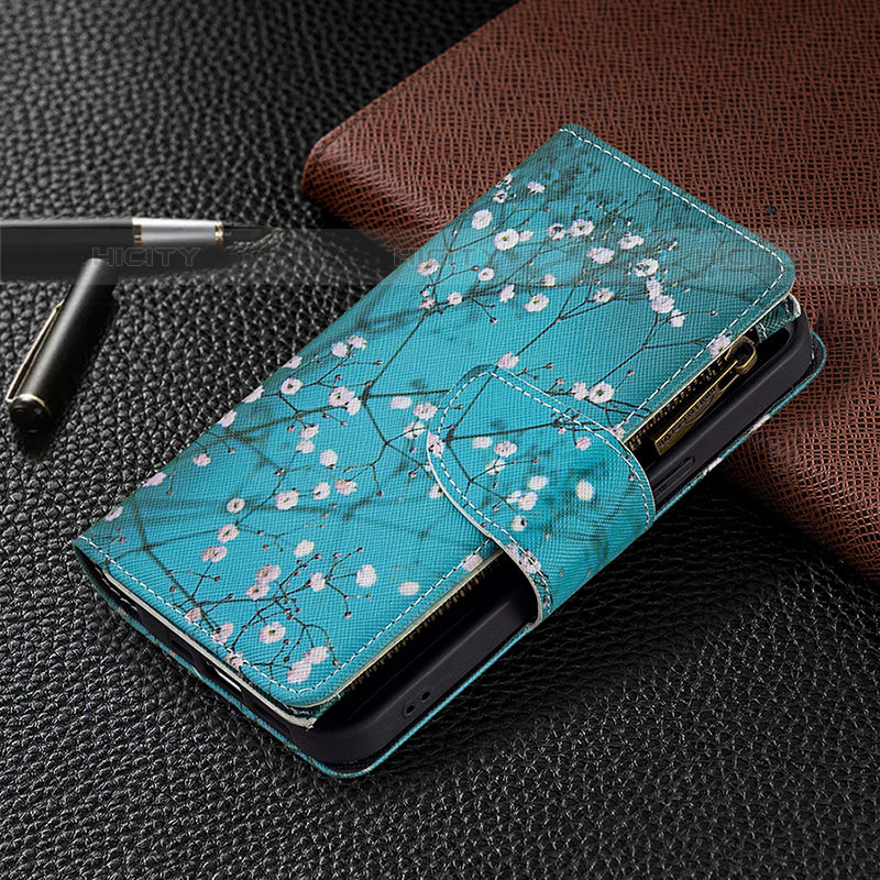 Coque Portefeuille Fleurs Livre Cuir Etui Clapet pour Apple iPhone 16 Pro Max Cyan Plus