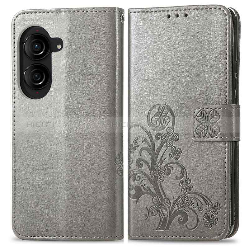 Coque Portefeuille Fleurs Livre Cuir Etui Clapet pour Asus ZenFone 10 Gris Plus