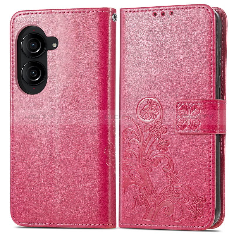 Coque Portefeuille Fleurs Livre Cuir Etui Clapet pour Asus ZenFone 10 Rose Rouge Plus