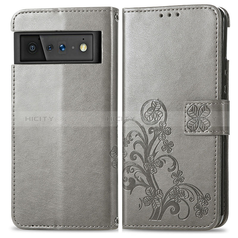 Coque Portefeuille Fleurs Livre Cuir Etui Clapet pour Google Pixel 6 Pro 5G Gris Plus