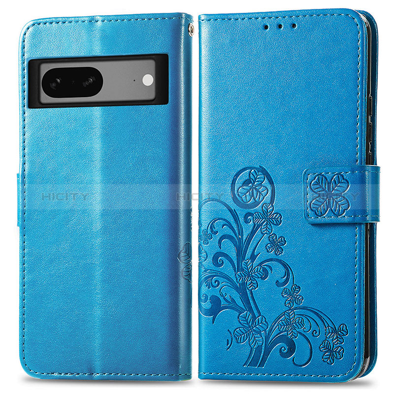 Coque Portefeuille Fleurs Livre Cuir Etui Clapet pour Google Pixel 7 5G Bleu Plus