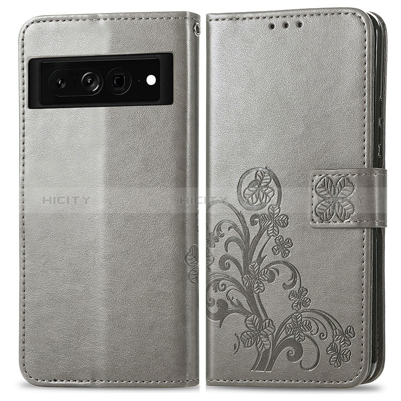 Coque Portefeuille Fleurs Livre Cuir Etui Clapet pour Google Pixel 7 Pro 5G Gris Plus